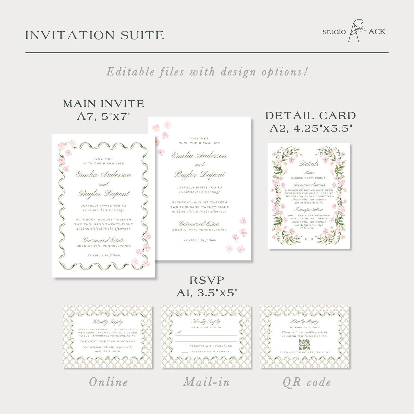 a collection of wedding invitation suite designs, including the main invitee, detail card, RSVP, and online and mail-in options.