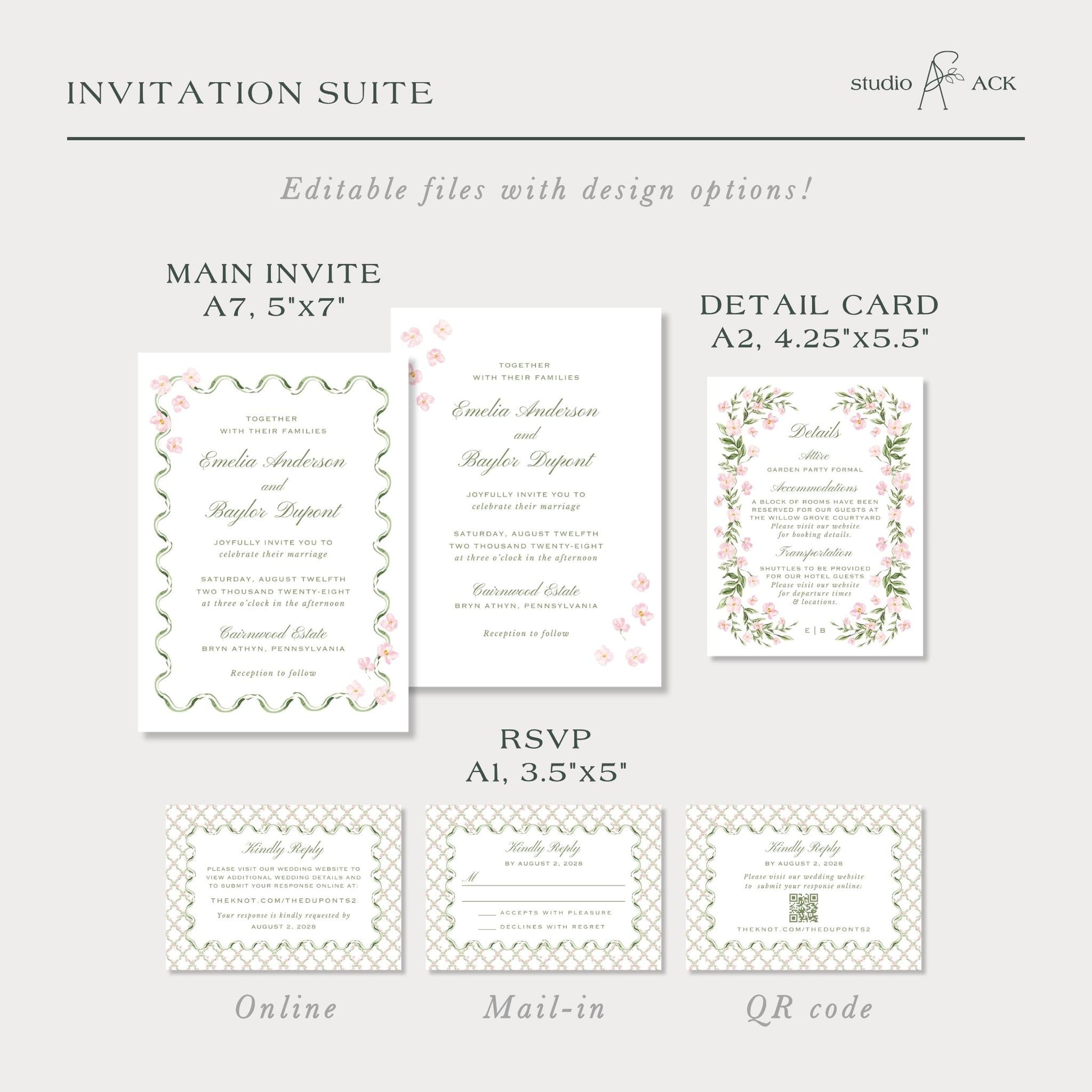 a collection of wedding invitation suite designs, including the main invitee, detail card, RSVP, and online and mail-in options.
