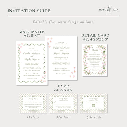 a collection of wedding invitation suite designs, including the main invitee, detail card, RSVP, and online and mail-in options.