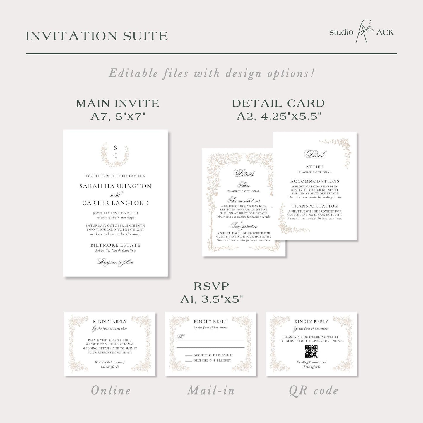 Neutral Floral Line Art Wedding Template Bundle