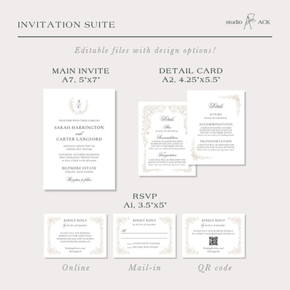 Neutral Floral Line Art Wedding Template Bundle