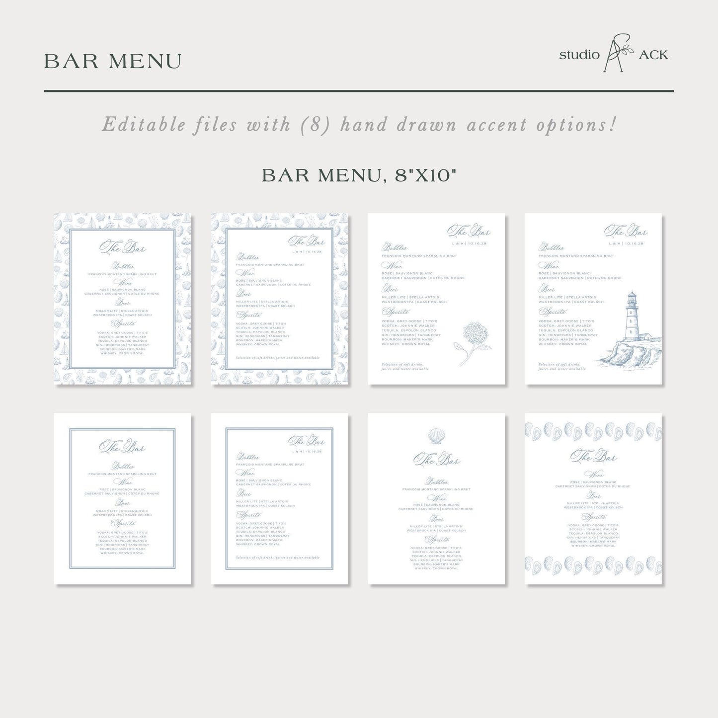 Coastal Toile Wedding Bar Menu Template