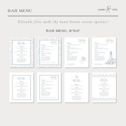 Coastal Toile Wedding Bar Menu Template