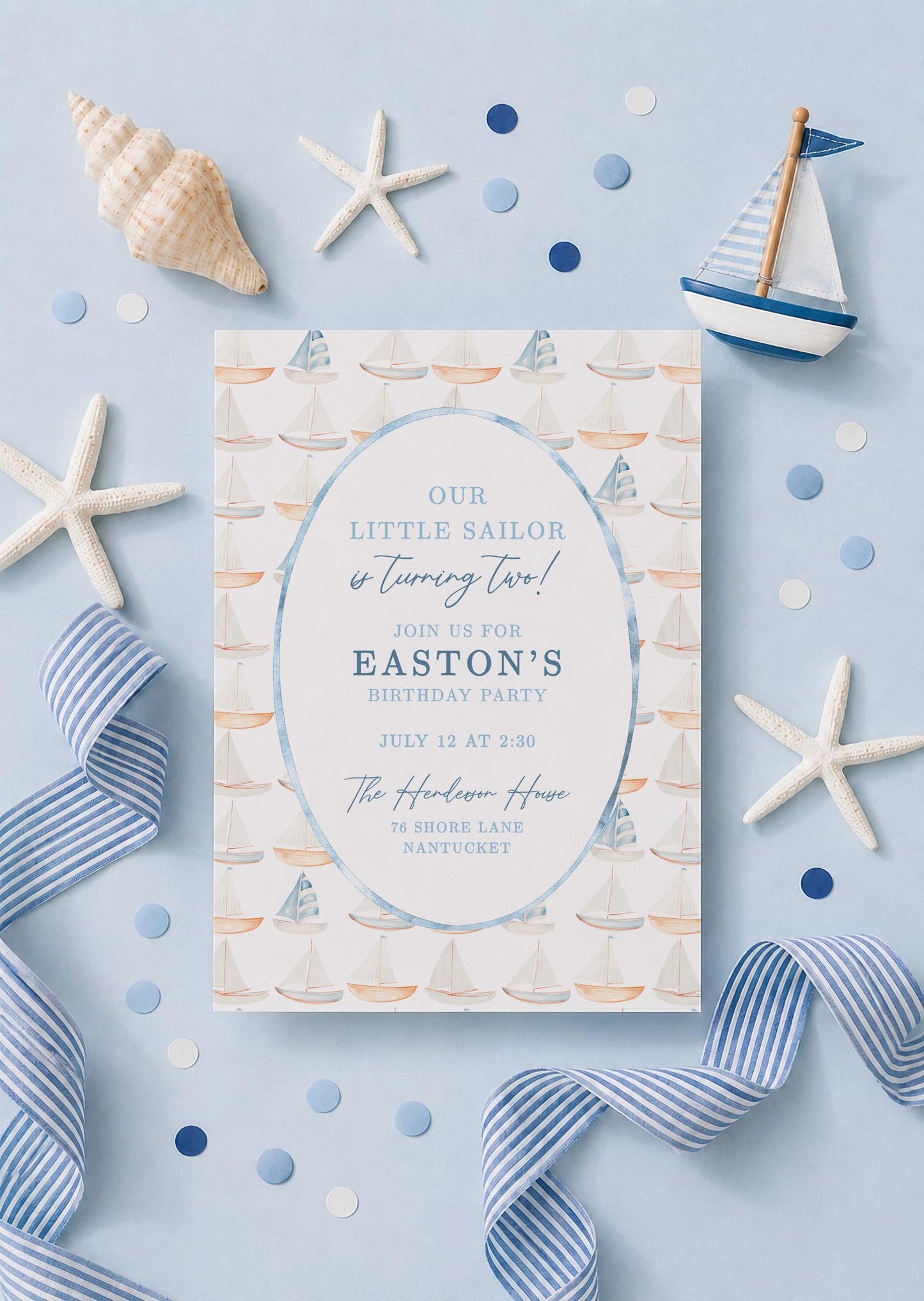 Our Little Sailor Birthday Invitation Template, Blue Nautical Watercolor Sailboat Invite, Sailboat Digital Printable for Boy Birthday Party