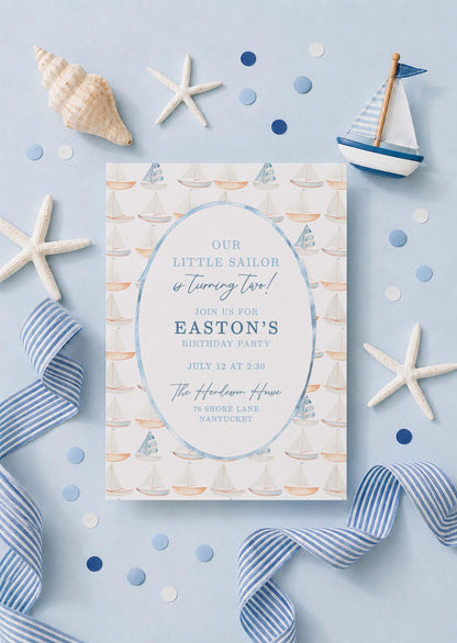 Our Little Sailor Birthday Invitation Template, Blue Nautical Watercolor Sailboat Invite, Sailboat Digital Printable for Boy Birthday Party