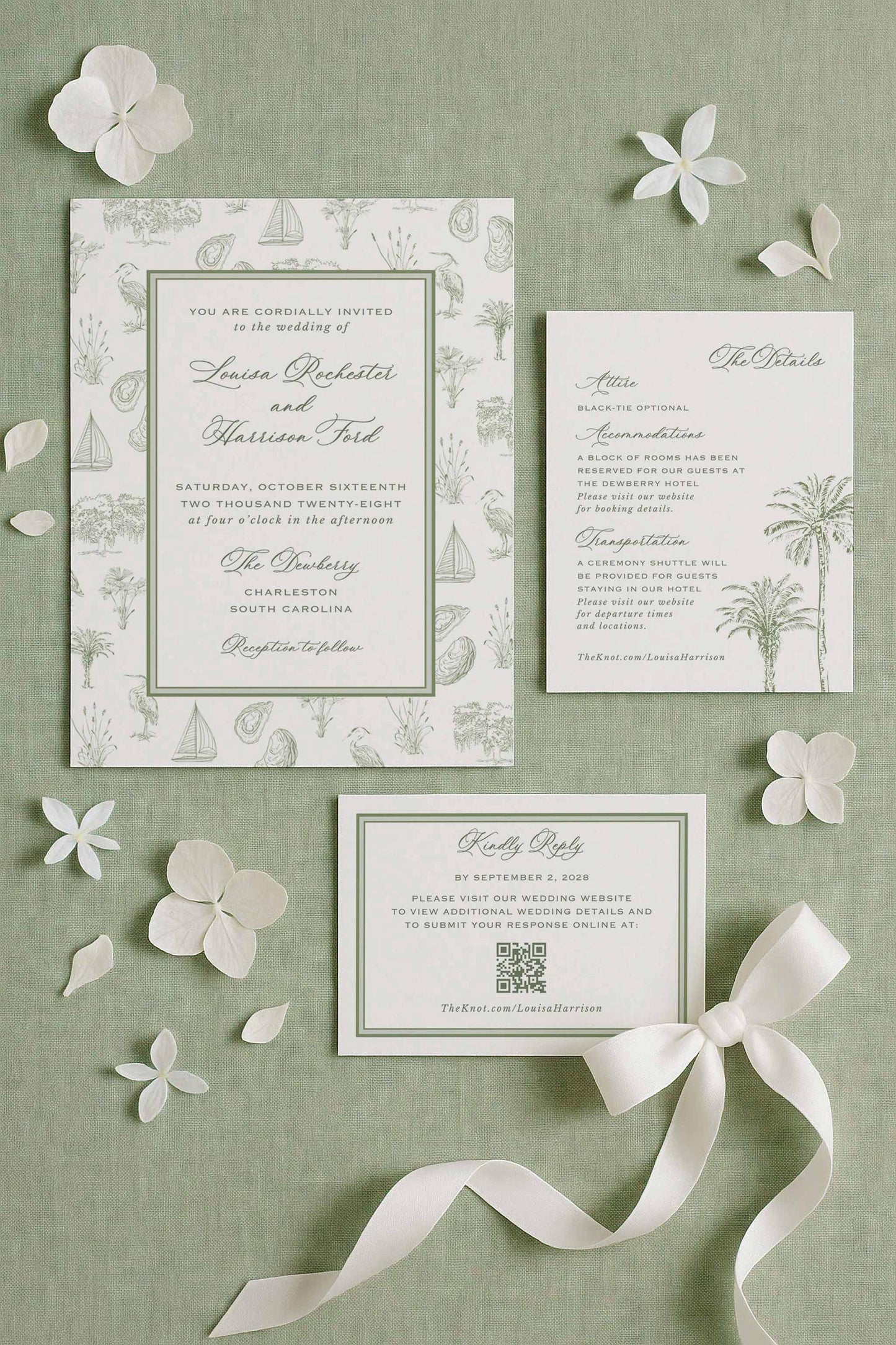 Full southern toile wedding invitation suite on sage linen fabric with white petals placed around the cards for a soft, airy aesthetic. Includes main invitation, RSVP card, details card, and coordinating envelope liner. The toile artwork features hand-drawn coastal icons including palmettos, egrets, oysters, oak trees, sailing boats, and marsh elements. A fine art, printable, Canva-editable wedding template for southern and coastal events.