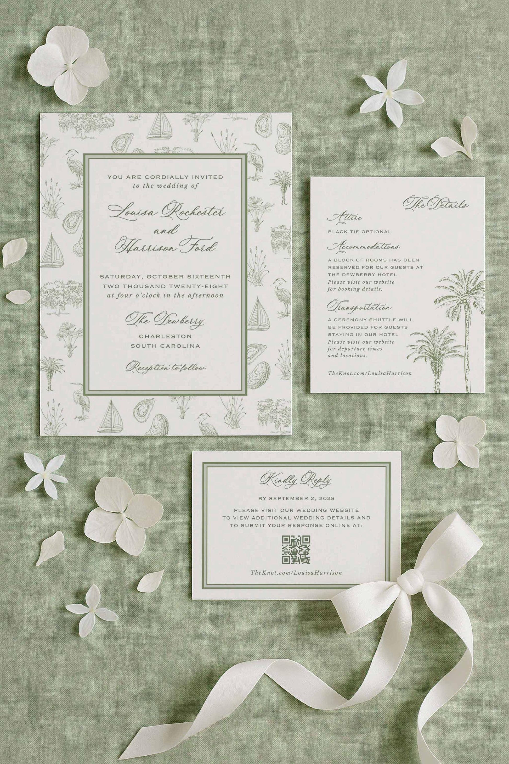 Full southern toile wedding invitation suite on sage linen fabric with white petals placed around the cards for a soft, airy aesthetic. Includes main invitation, RSVP card, details card, and coordinating envelope liner. The toile artwork features hand-drawn coastal icons including palmettos, egrets, oysters, oak trees, sailing boats, and marsh elements. A fine art, printable, Canva-editable wedding template for southern and coastal events.
