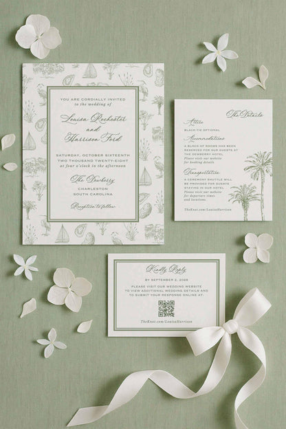 Full southern toile wedding invitation suite on sage linen fabric with white petals placed around the cards for a soft, airy aesthetic. Includes main invitation, RSVP card, details card, and coordinating envelope liner. The toile artwork features hand-drawn coastal icons including palmettos, egrets, oysters, oak trees, sailing boats, and marsh elements. A fine art, printable, Canva-editable wedding template for southern and coastal events.