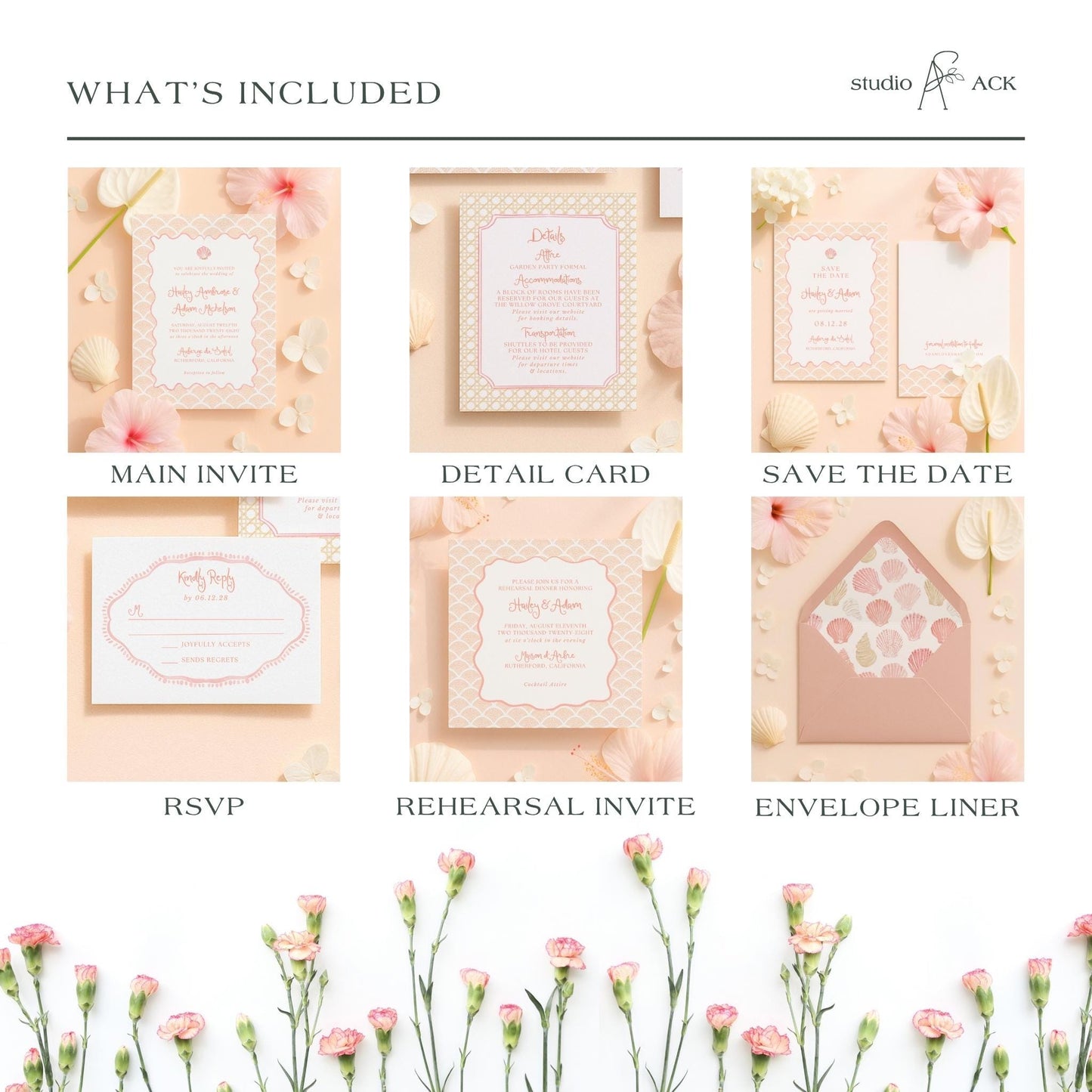 The image is a collage of six different wedding invitation designs, each with unique features and details. The designs include a main invite, a detail card, a save the date card, an RSVP card, a rehearsal invite, and an envelope liner. The images showcase the various elements of these wedding invitation designs, such as the layout, color scheme, and decorative elements.