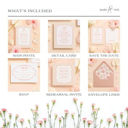 The image is a collage of six different wedding invitation designs, each with unique features and details. The designs include a main invite, a detail card, a save the date card, an RSVP card, a rehearsal invite, and an envelope liner. The images showcase the various elements of these wedding invitation designs, such as the layout, color scheme, and decorative elements.
