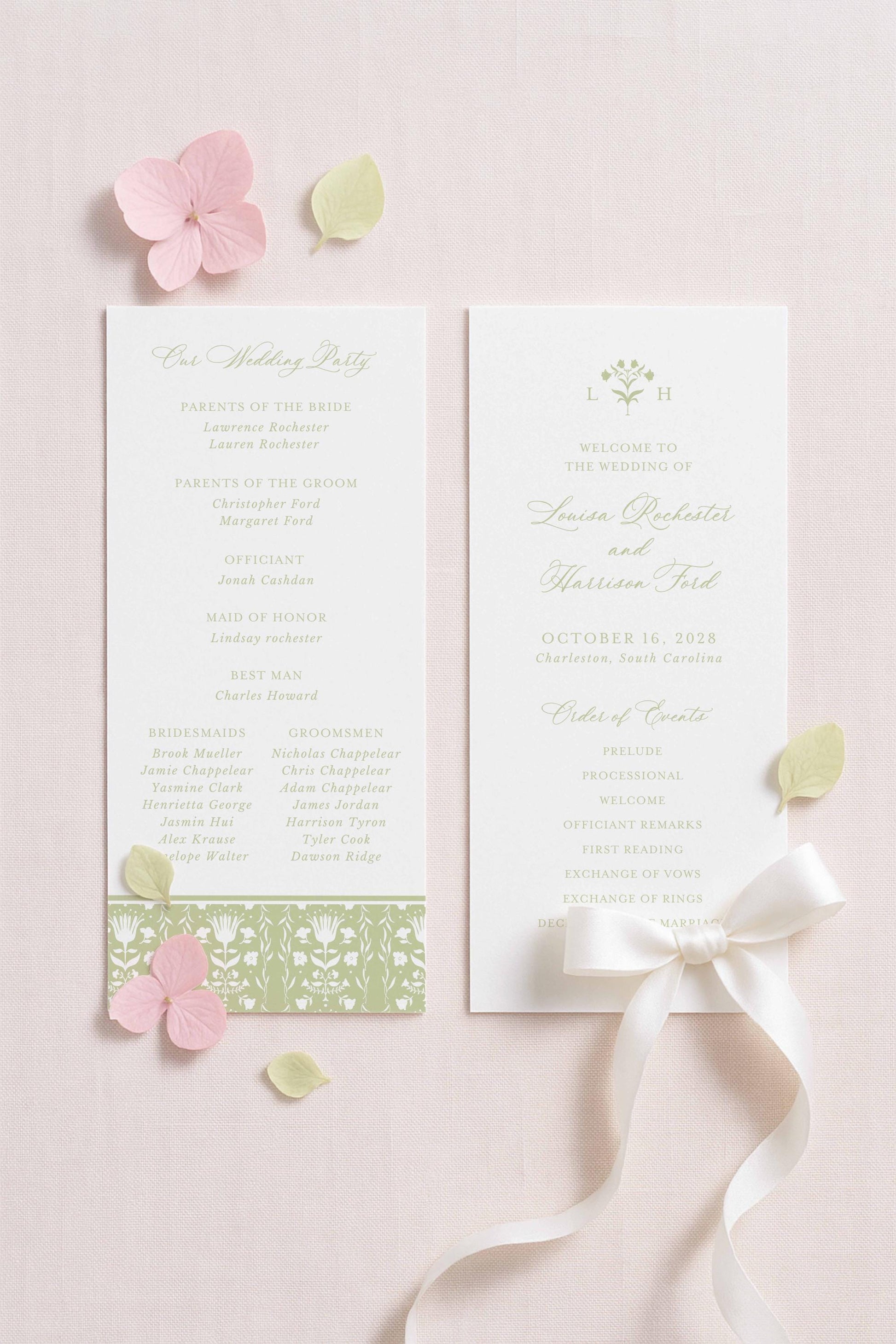 two white wedding programs with text and decorative elements, including pink and green floral accents and white ribbons.