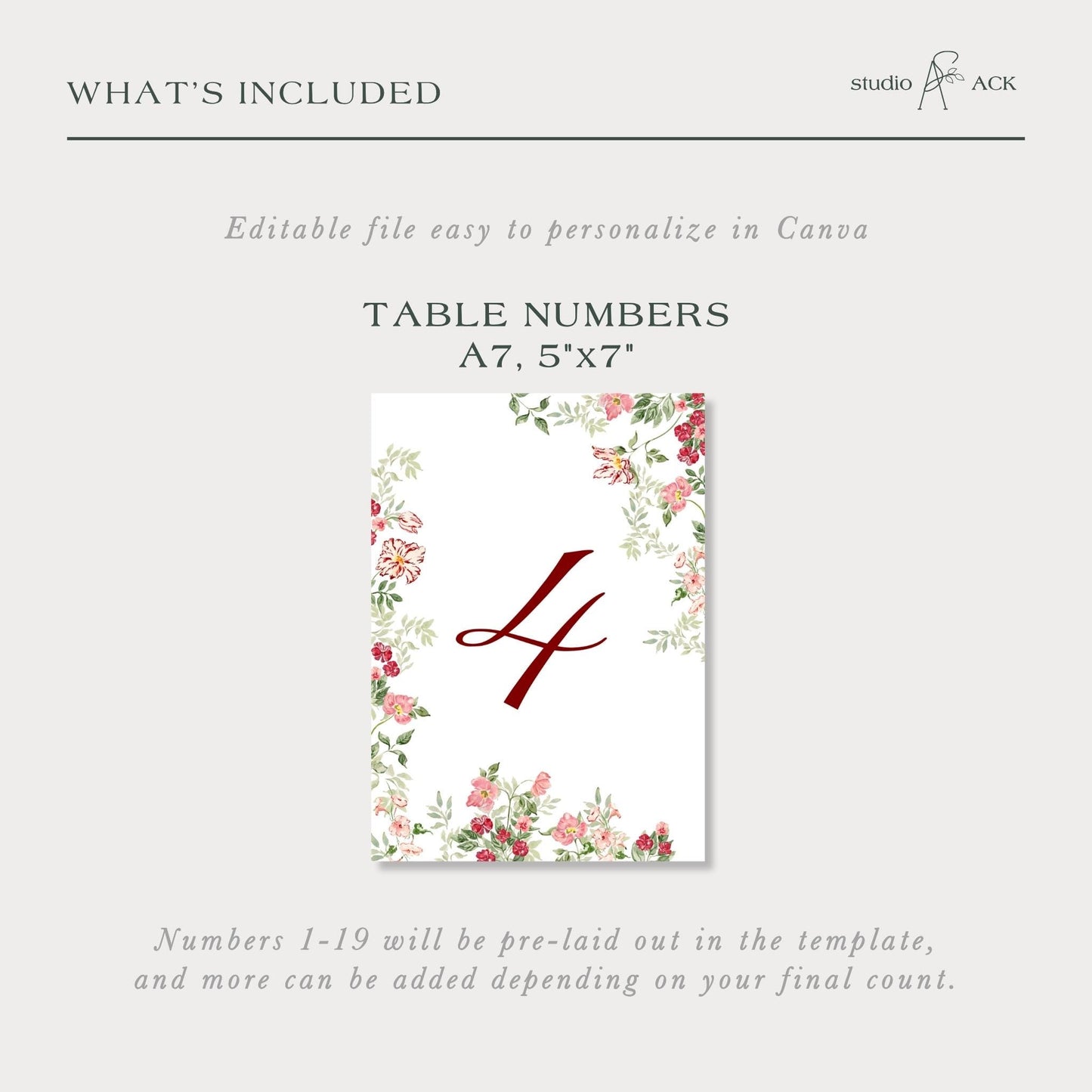 Dusty Pink Floral Wedding Table Number Template