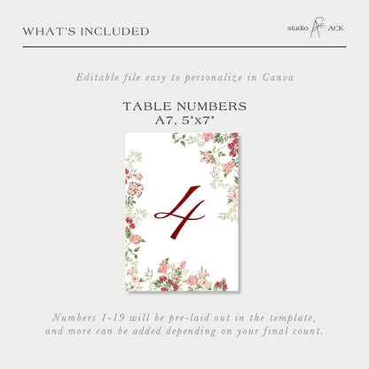 Dusty Pink Floral Wedding Table Number Template