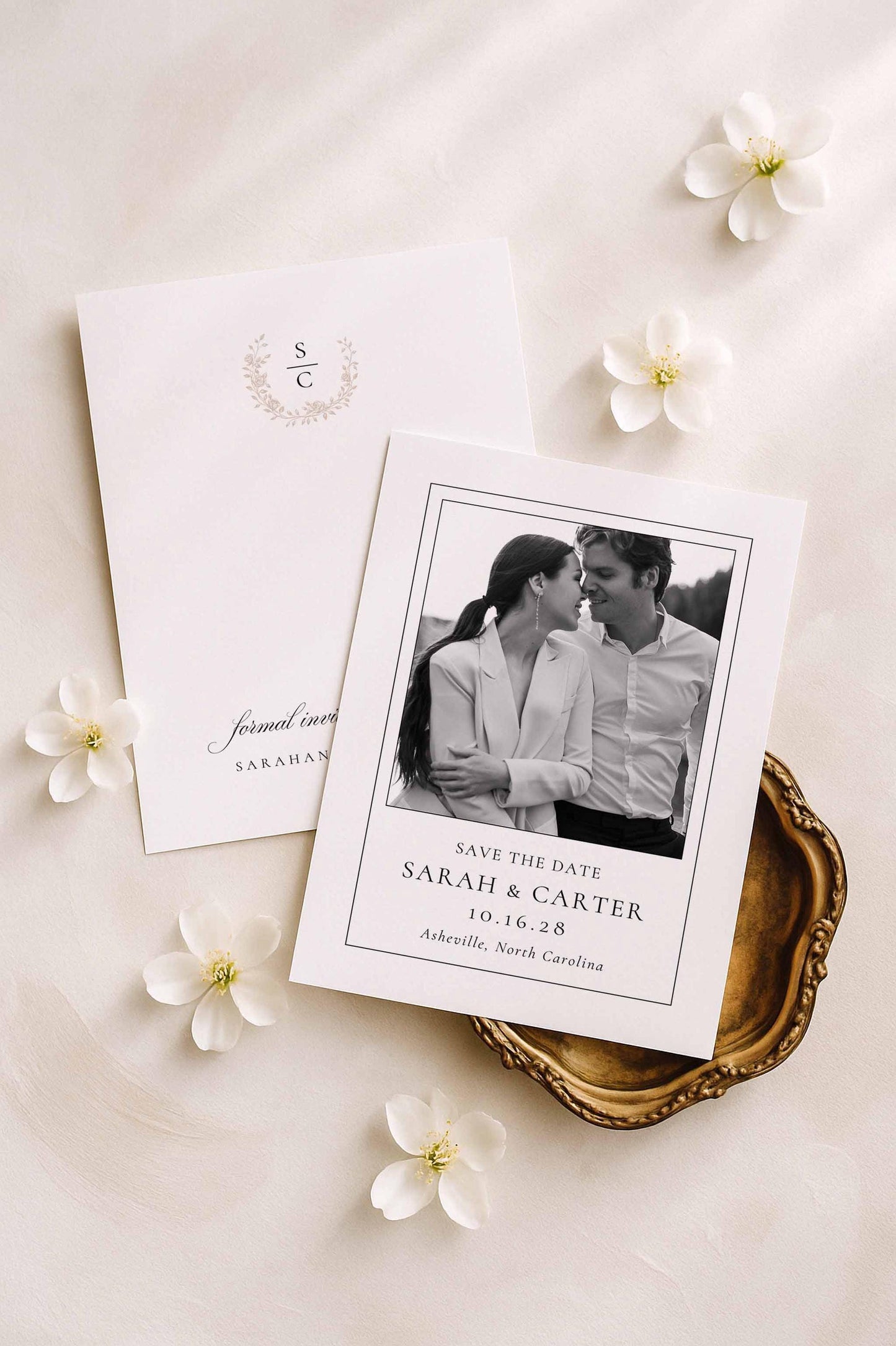 Neutral Floral Line Art Save the Date Template