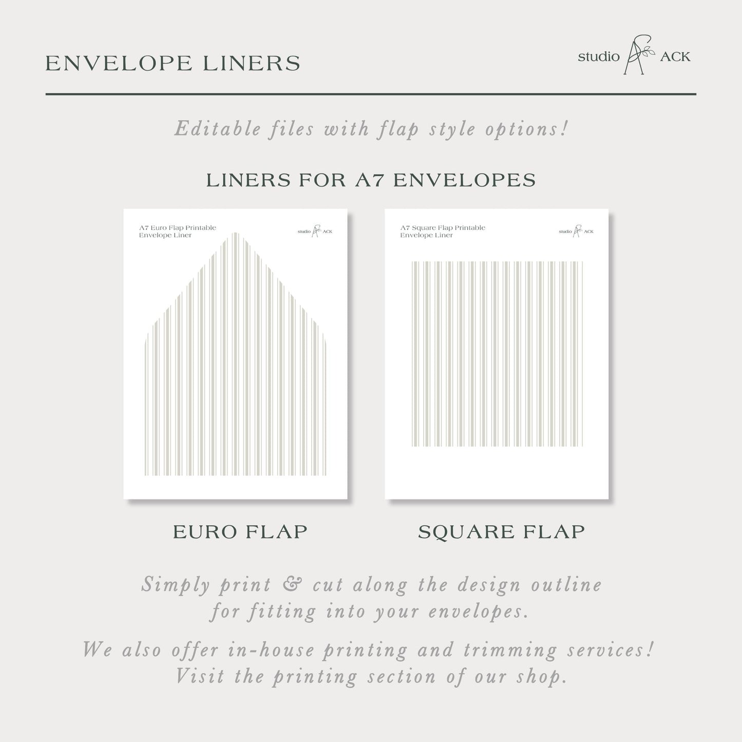 The image is a collection of two envelope liners, one for A7 envelopes and the other for A6 envelopes. The liners are designed to be printed and cut along the outline for fitting into envelopes. The image also includes text that provides information about the services offered, such as in-house printing and trimming, and the location of the printing section of the shop.