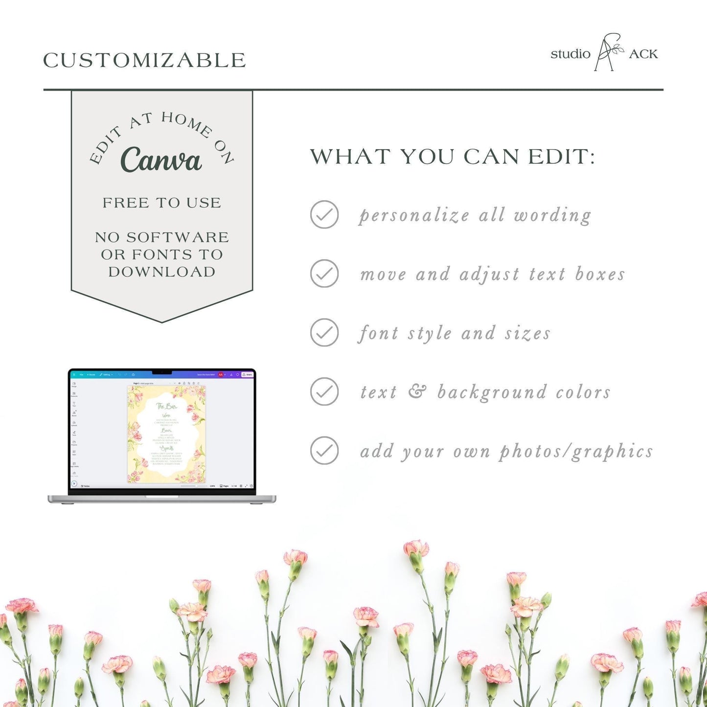 Whimsical Garden Wedding Bar Menu Template