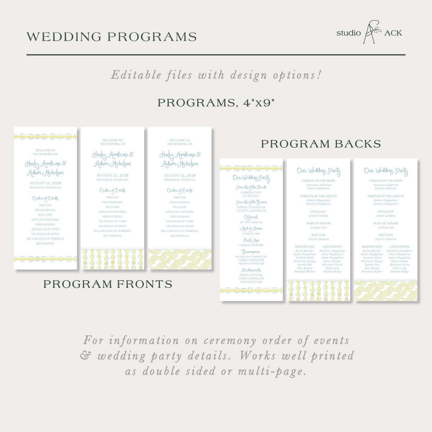 a collection of wedding programs, including program backs and program fronts, with design options and information on the ceremony order of events and wedding party details.