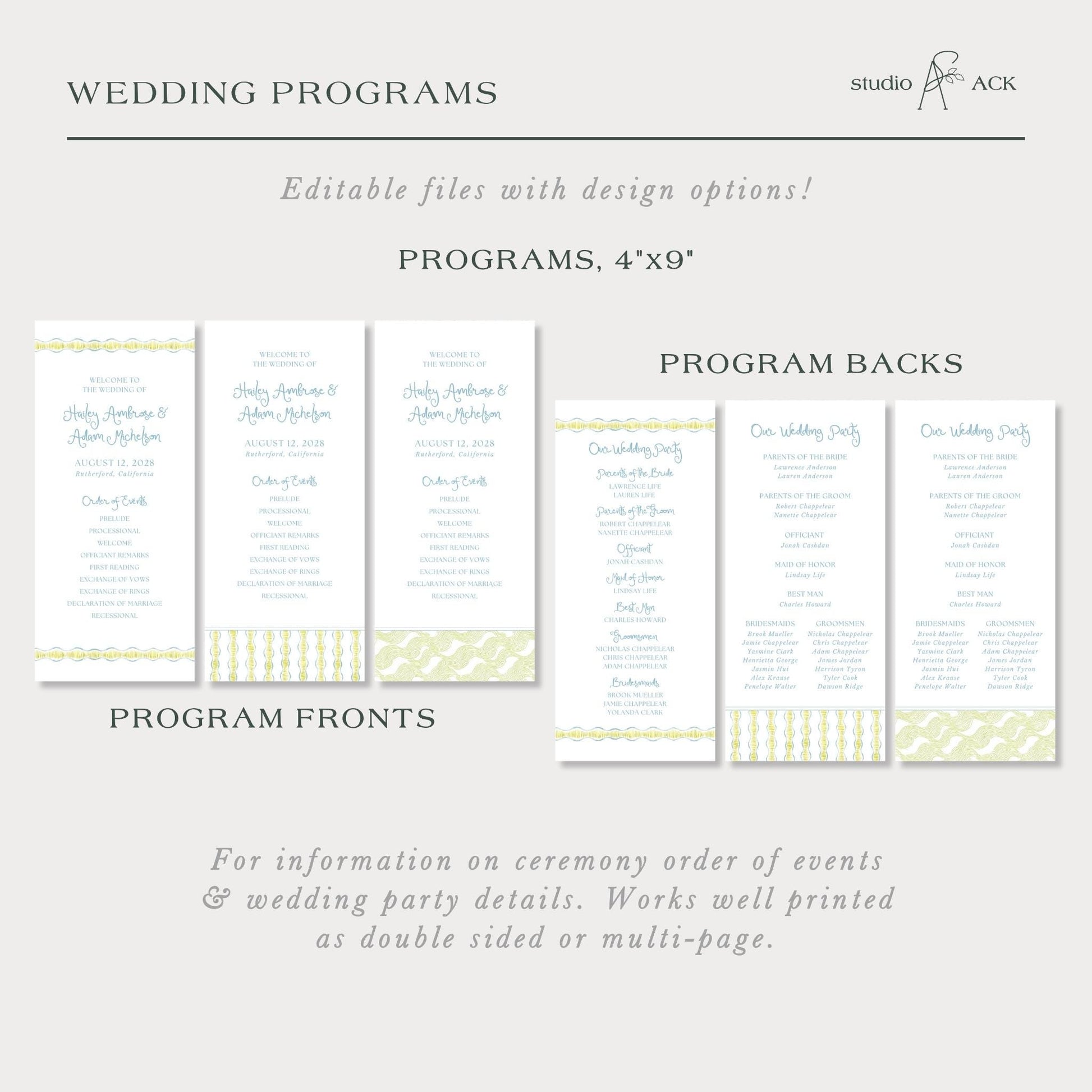 a collection of wedding programs, including program backs and program fronts, with design options and information on the ceremony order of events and wedding party details.