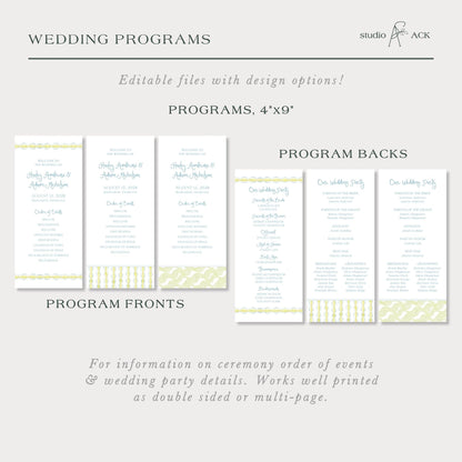 a collection of wedding programs, including program backs and program fronts, with design options and information on the ceremony order of events and wedding party details.