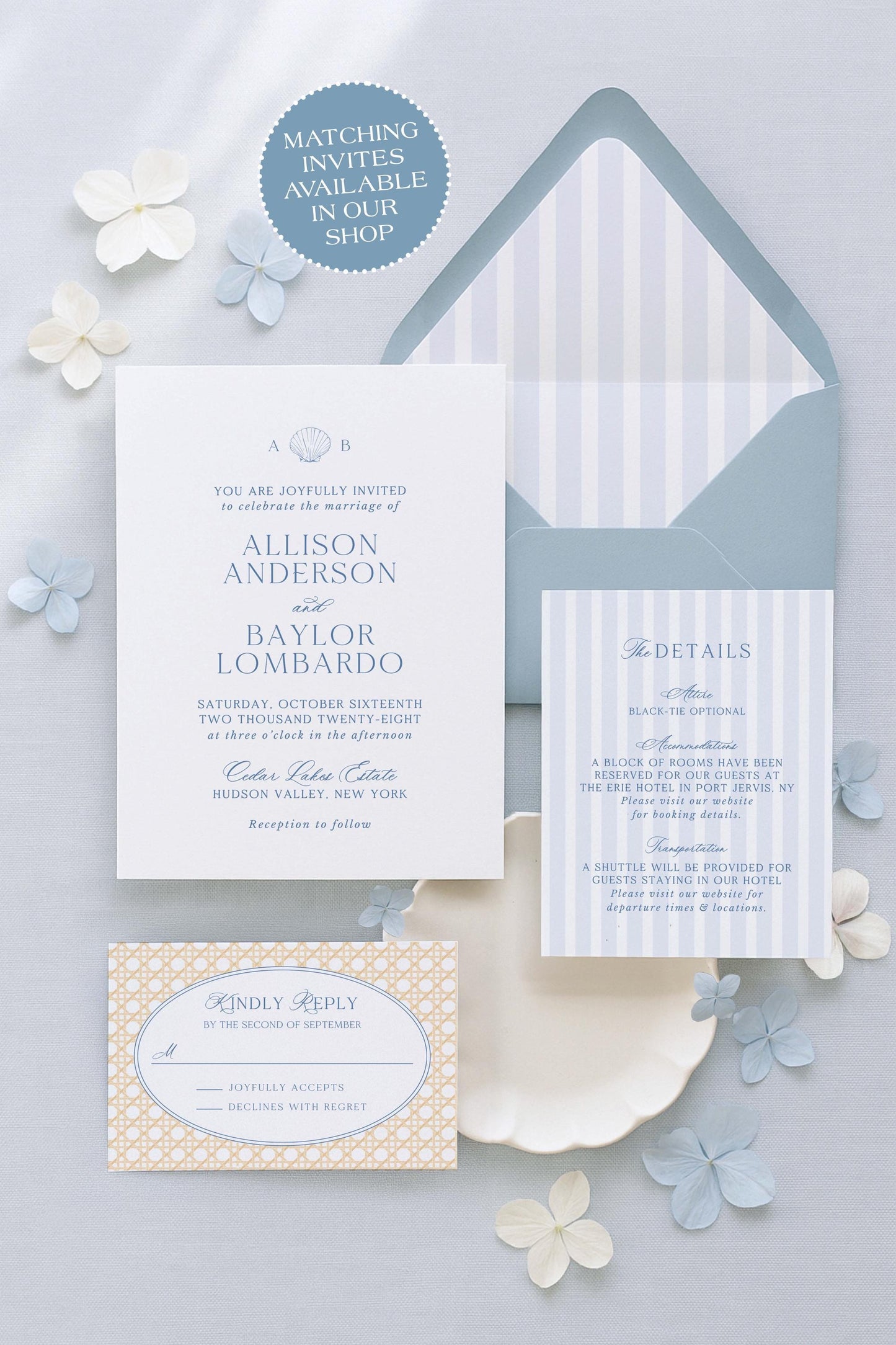 a wedding invitation set against a light blue background, with various details and elements related to the wedding ceremony.