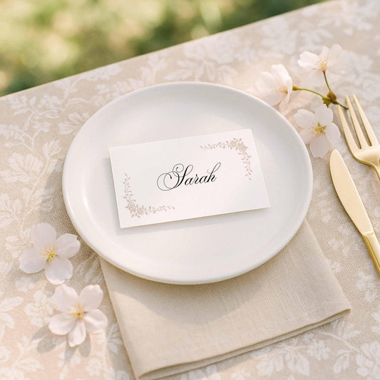 Neutral wedding place card with hand-drawn floral line art on a minimalist table setting.