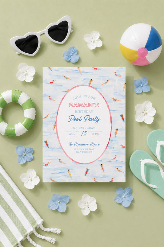 Watercolor Swimmer Pool Party Birthday Invitation Template