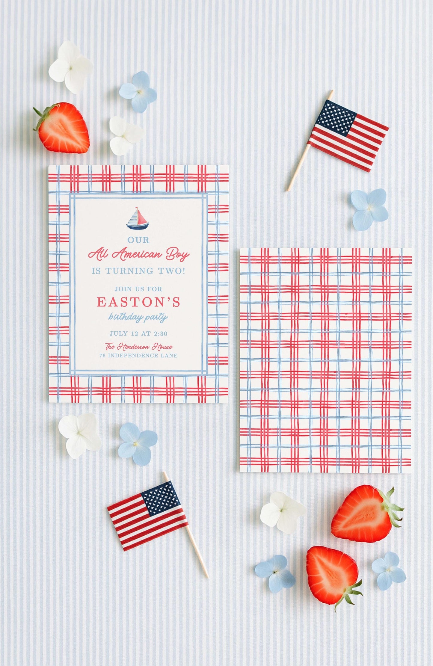 All American Boy Birthday Invitation Template, Red White Blue Striped Boy Birthday Invite, Hand Painted Watercolor Design, Patriotic Party
