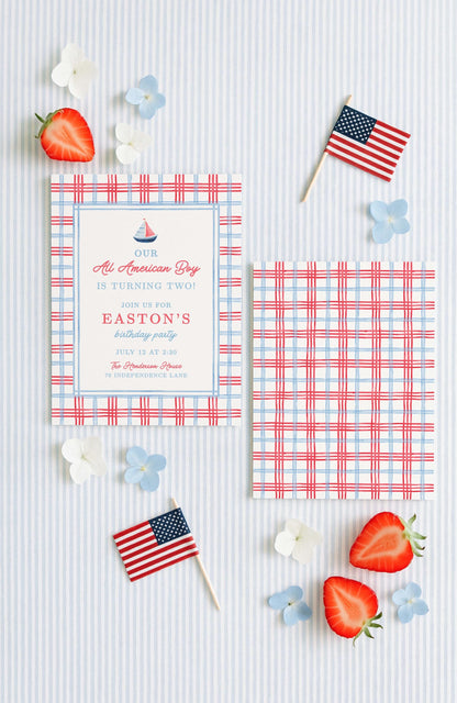 All American Boy Birthday Invitation Template, Red White Blue Striped Boy Birthday Invite, Hand Painted Watercolor Design, Patriotic Party