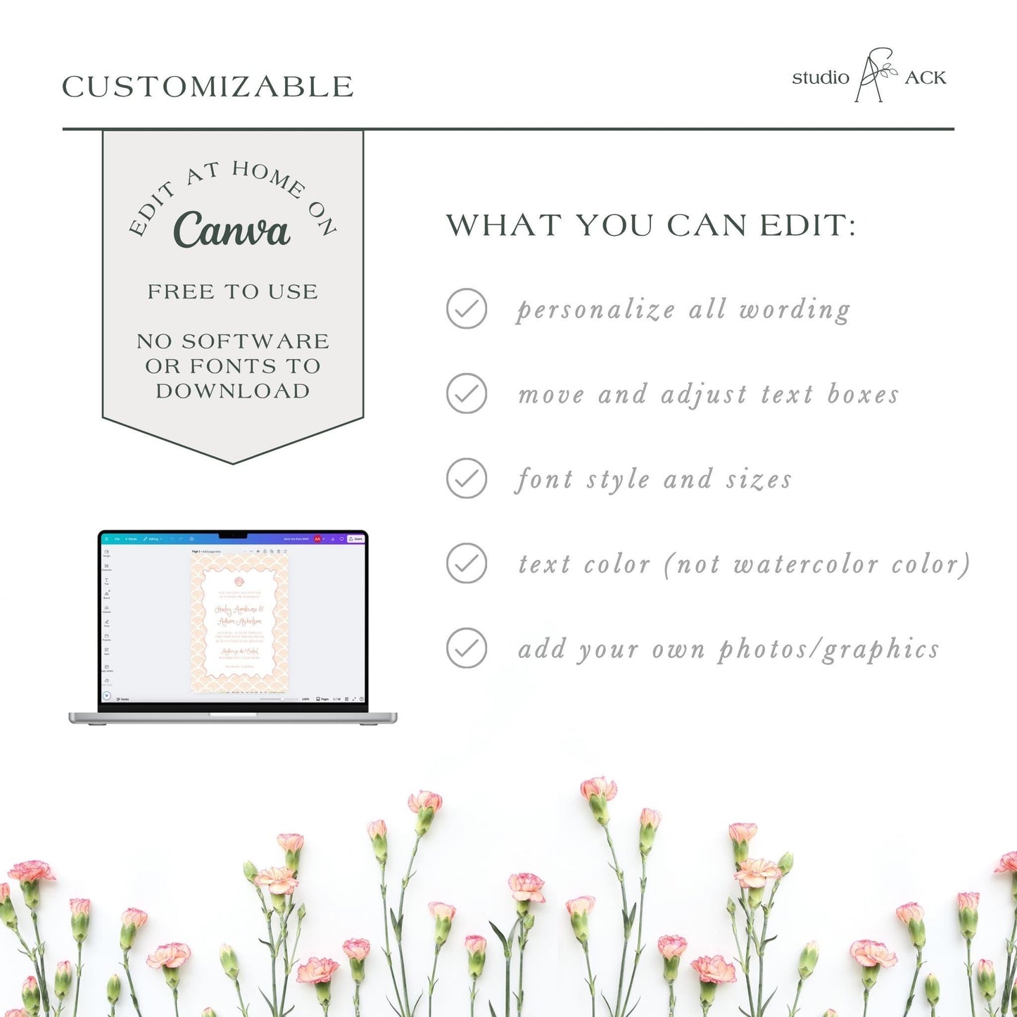 a laptop with a floral background, and there is a list of customizable options for editing Canva graphics.