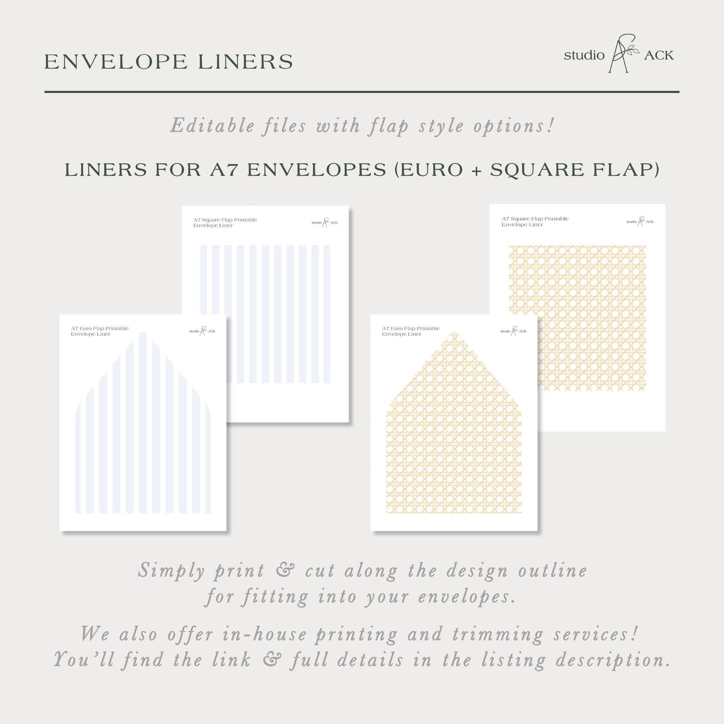 The image is a collection of four envelope liners, each with a different design and style, including square flap and square flap with a square pattern.