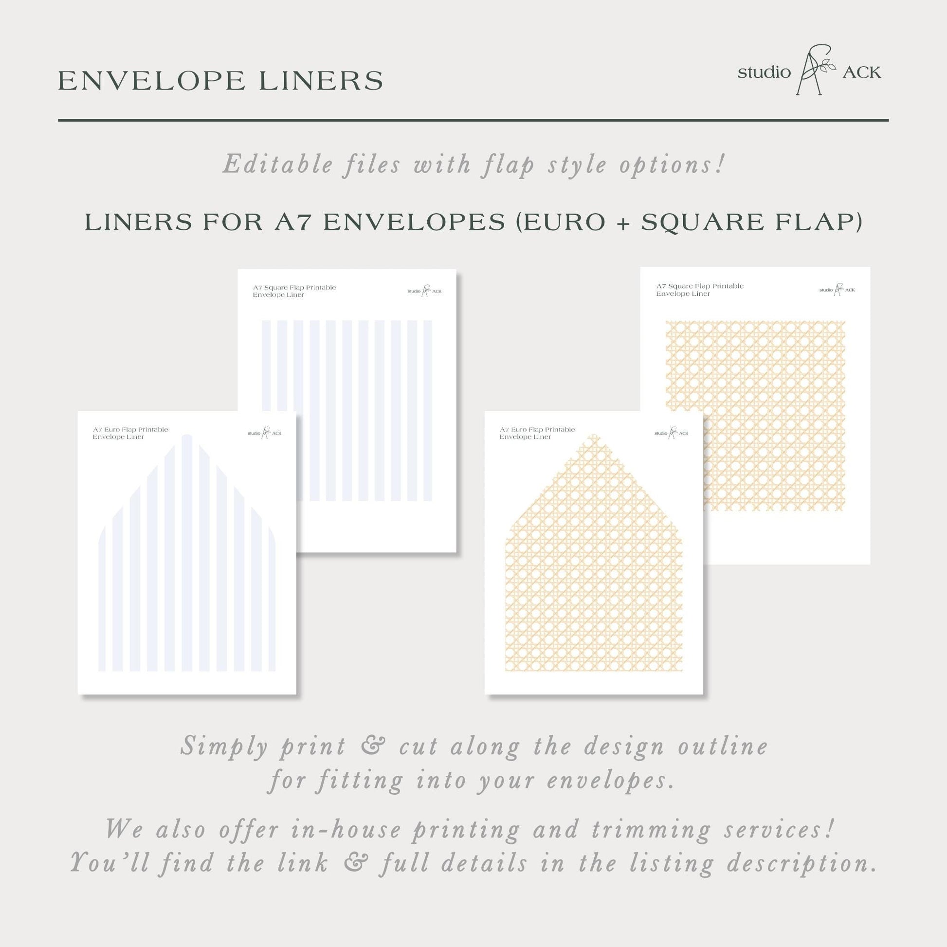 The image is a collection of four envelope liners, each with a different design and style, including square flap and square flap with a square pattern.