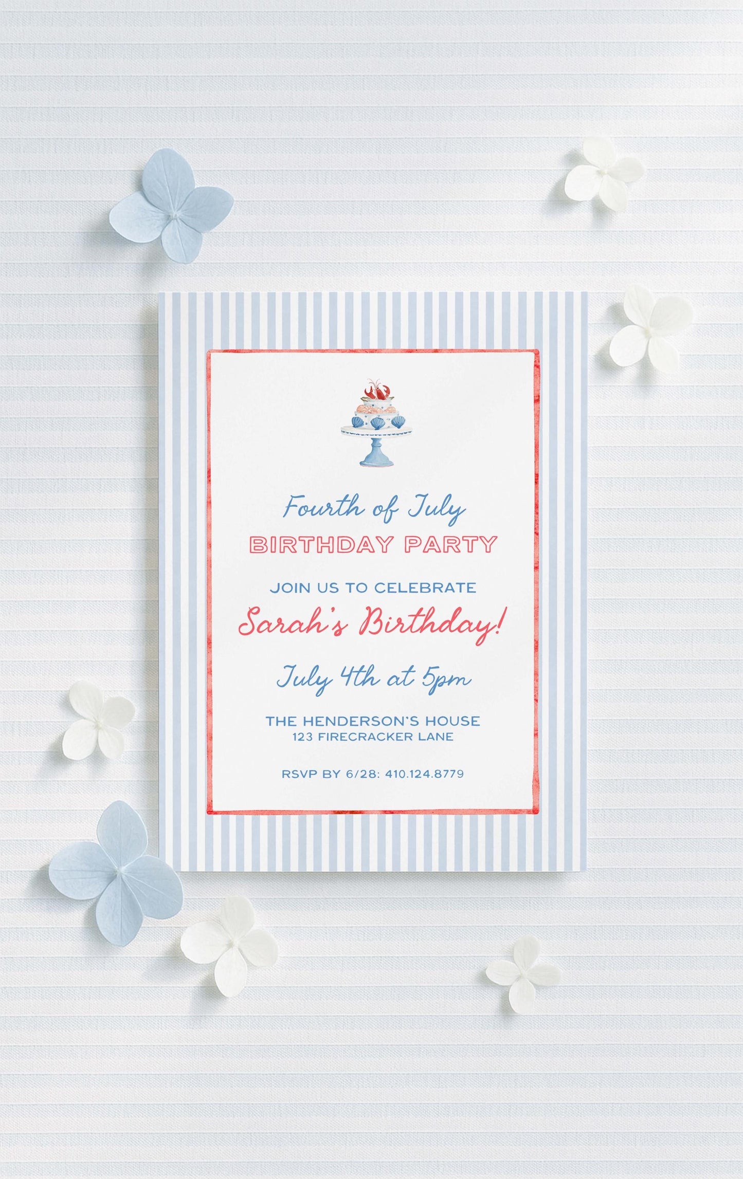 Fourth of July Birthday Invitation Template, Coastal Red White & Blue Preppy Watercolor, Summer Party Invite for Adult Birthdays, Americana