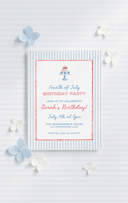Fourth of July Birthday Invitation Template, Coastal Red White & Blue Preppy Watercolor, Summer Party Invite for Adult Birthdays, Americana