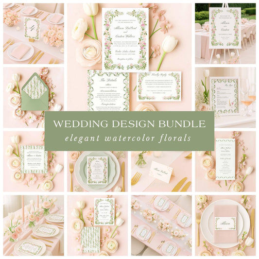 Watercolor floral wedding design bundle displayed in styled mockups, featuring matching invitations, RSVP card, menu, programs, place cards, and signage in soft garden florals.