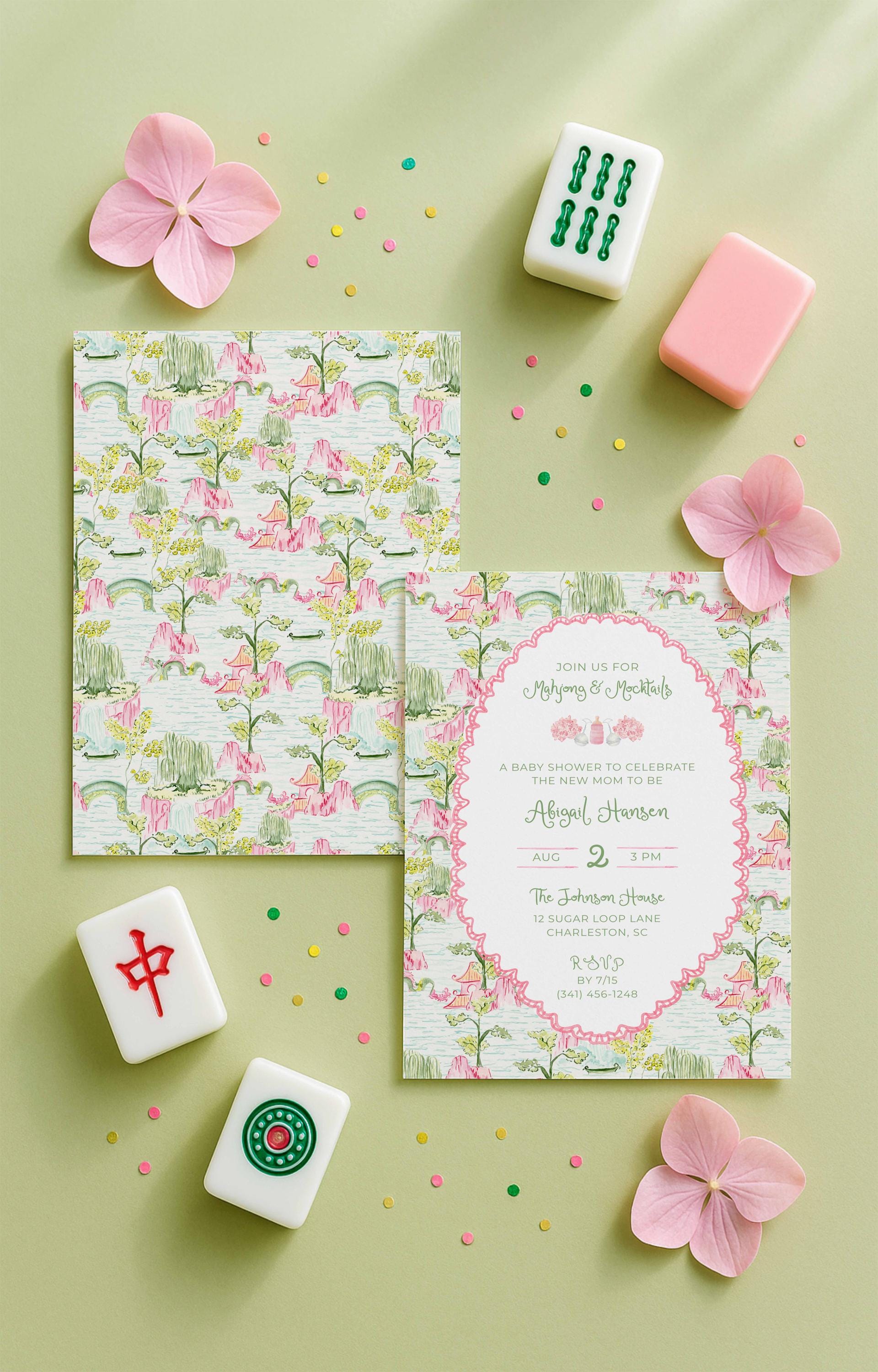 Elegant Baby Celebration Mahjong Theme Invitation Digital Template Pink Chinoiserie Design Scalloped Border Detail Customizable Text Options Editable Announcement Card Expectant Mother Shower Multiple Color Choices Back Pattern Variations