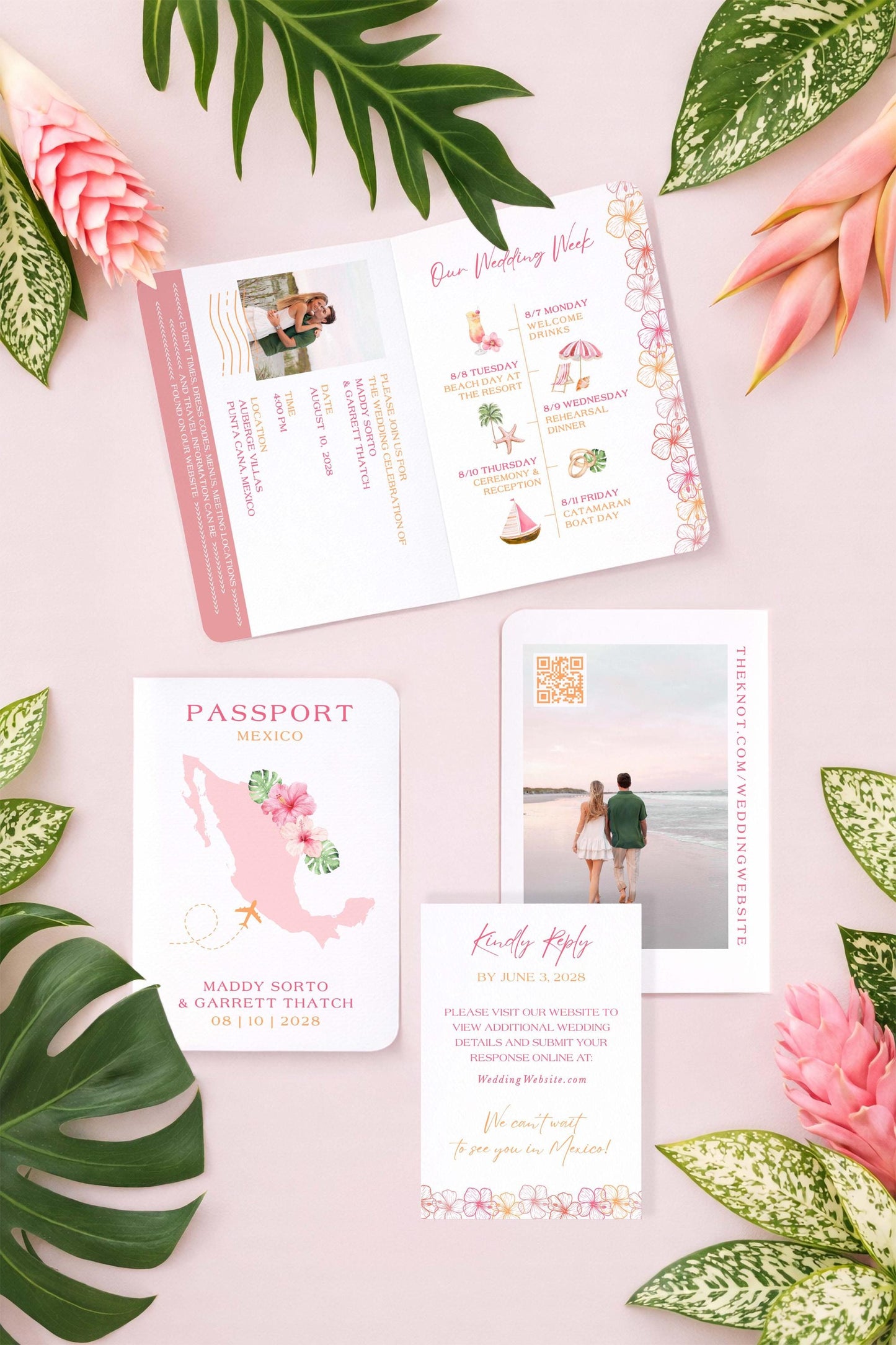 Pink & Orange Tropical Wedding Passport Invitation Template