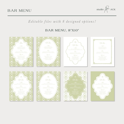 a collection of six different bar menu designs, each with a unique layout and color scheme. The bar menu options are editable and can be customized with various designs and fonts to create a visually appealing and personalized menu.