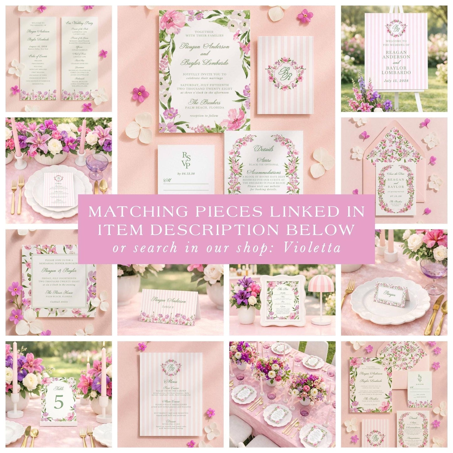 The image is a collage of various wedding-related items, including floral arrangements, place settings, and other decorative elements, all set against a pink background.