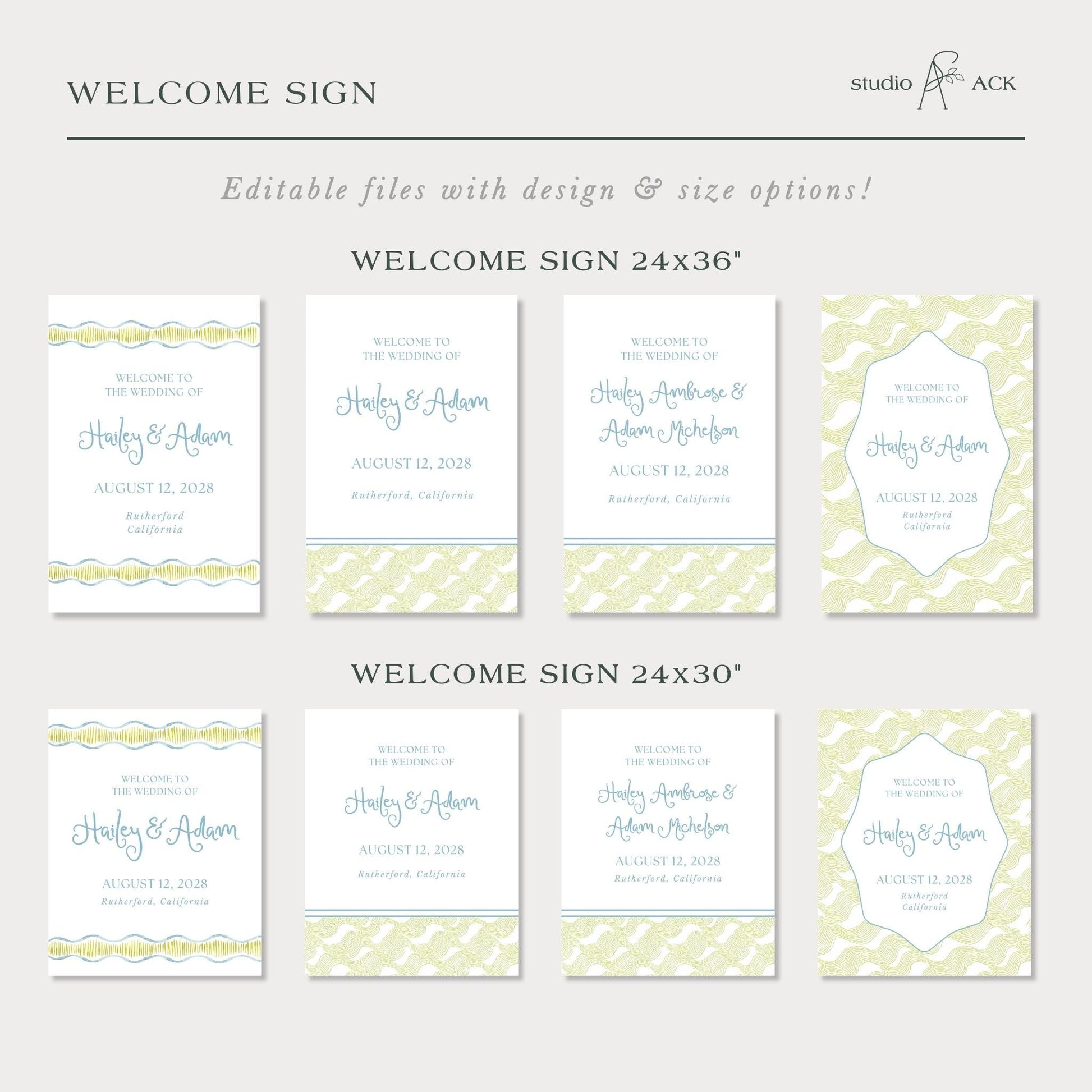 a collection of wedding invitation cards with different designs and sizes, including 24x36" and 24x30" signs.