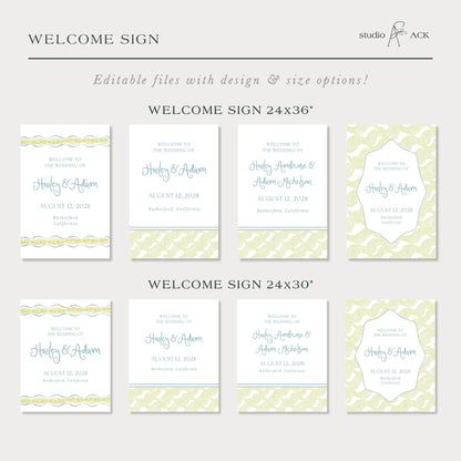 a collection of wedding invitation cards with different designs and sizes, including 24x36" and 24x30" signs.