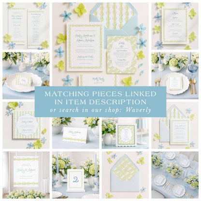 The image is a collage of various wedding-related items, including invitations, stationery, floral arrangements, and table settings, all in a light blue and green color scheme.