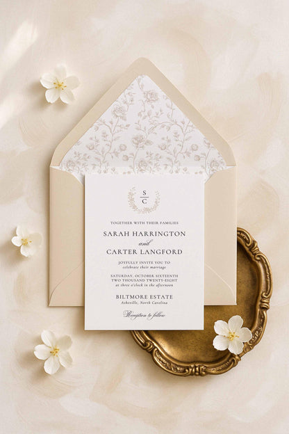 Neutral Floral Line Art Wedding Invitation Suite Template