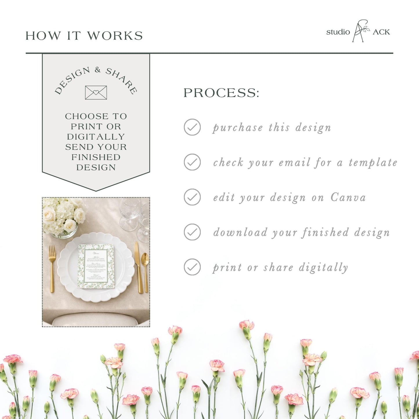 The image is a collage of two images. The top image shows a table setting with a white plate, goldware, and a vase of white flowers. The bottom image features a bouquet of pink flowers. The collage does not contain any text.