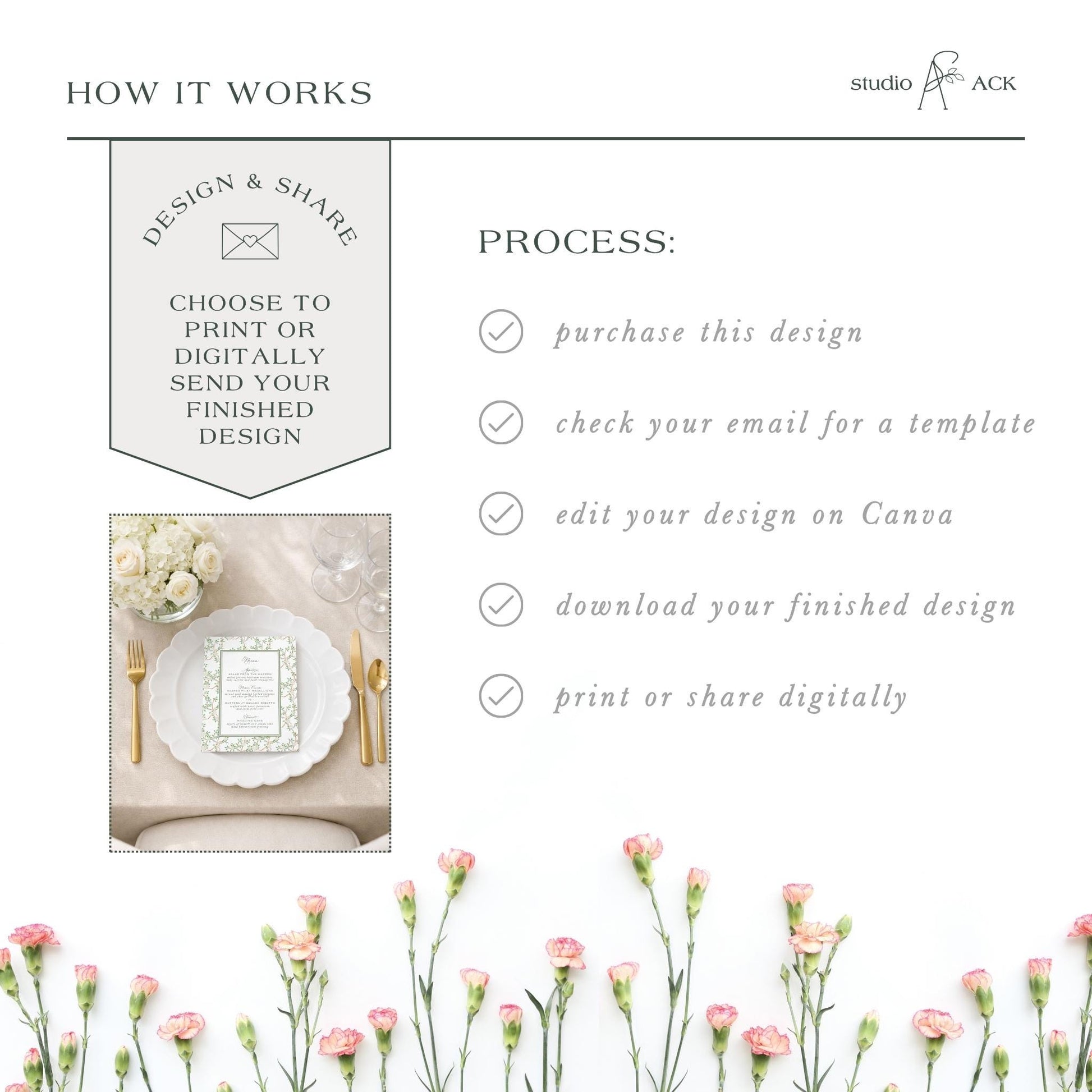The image is a collage of two images. The top image shows a table setting with a white plate, goldware, and a vase of white flowers. The bottom image features a bouquet of pink flowers. The collage does not contain any text.
