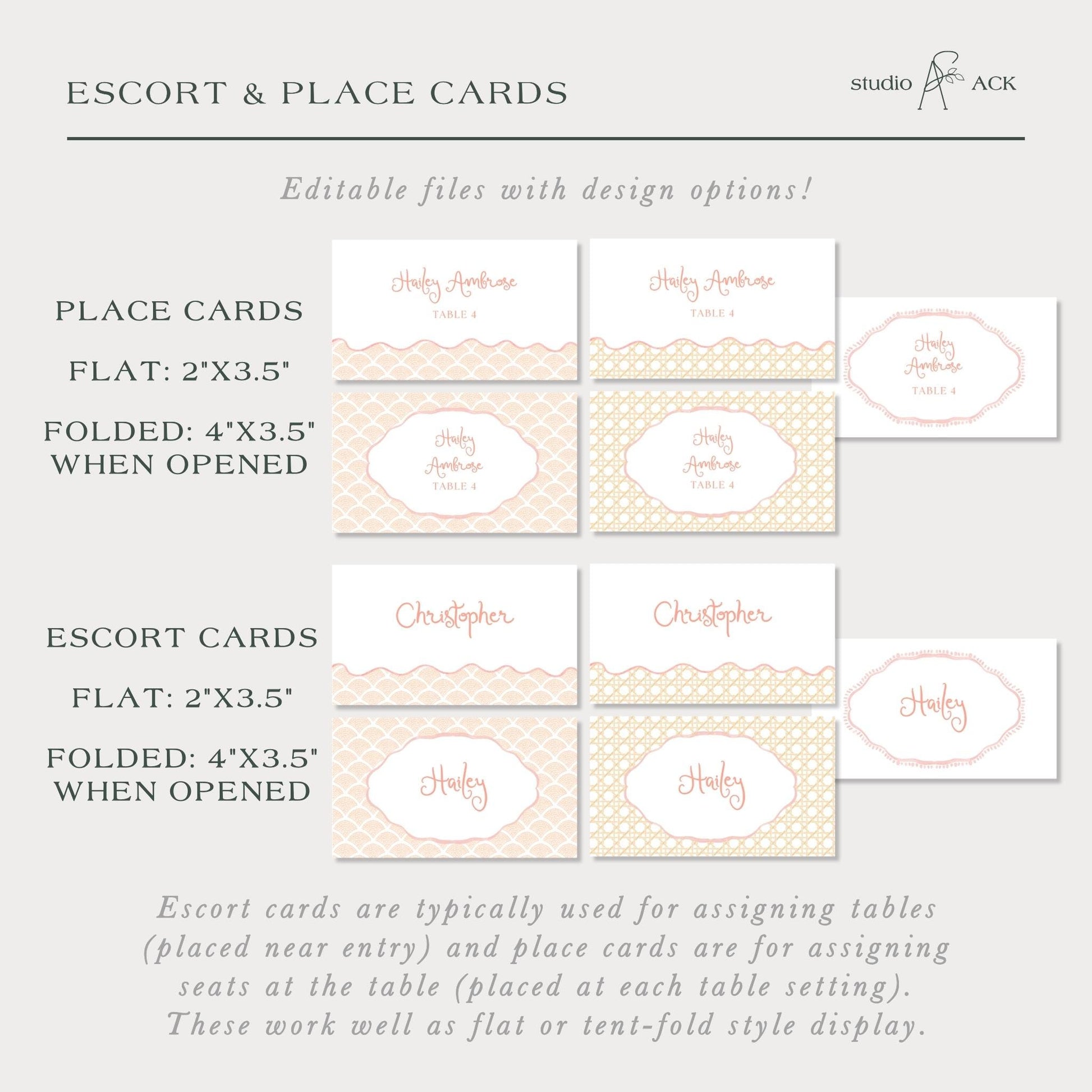 The image is a collection of place cards and escort cards, each with different designs and names, displayed in a grid format.