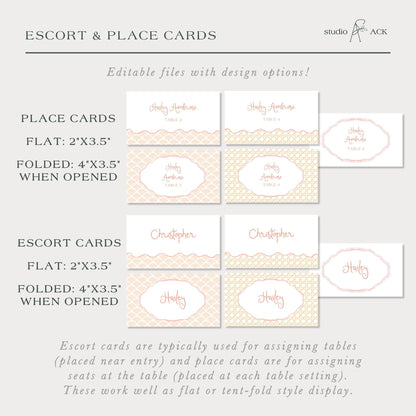 The image is a collection of place cards and escort cards, each with different designs and names, displayed in a grid format.