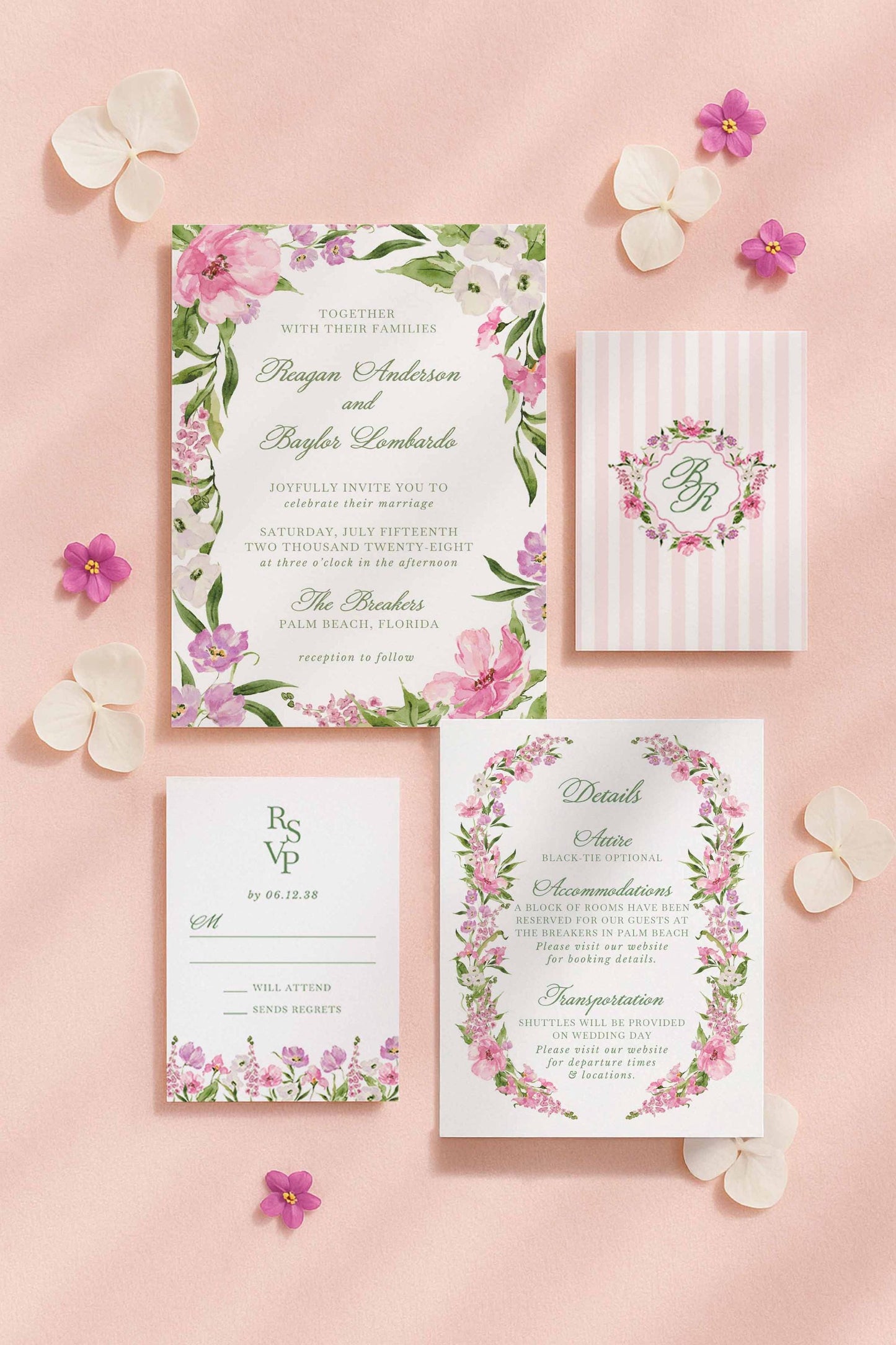 Purple Floral Wedding Invitation Suite Template
