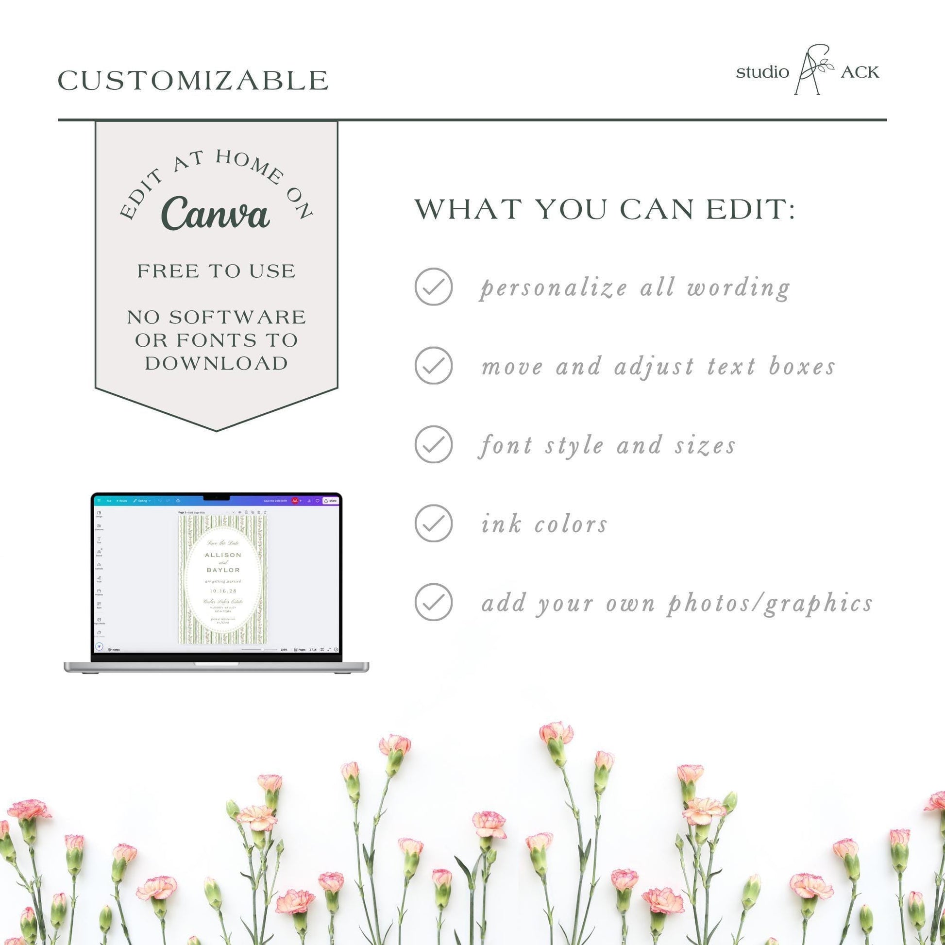 a laptop with a floral background, and there is a list of customizable options for editing Canva graphics.