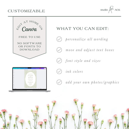 a laptop with a floral background, and there is a list of customizable options for editing Canva graphics.