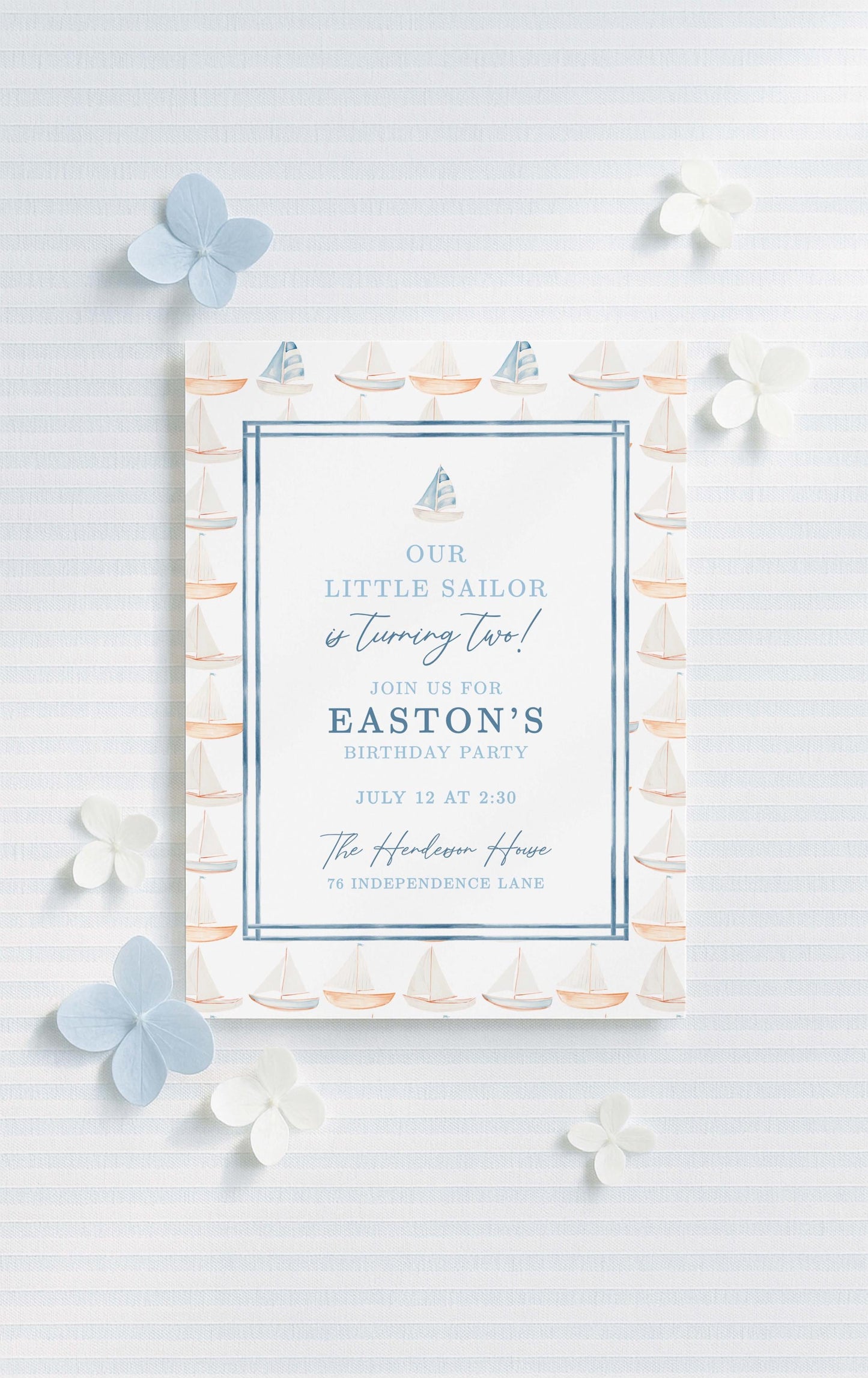 Our Little Sailor Birthday Invitation Template, Blue Nautical Watercolor Sailboat Invite, Sailboat Digital Printable for Boy Birthday Party